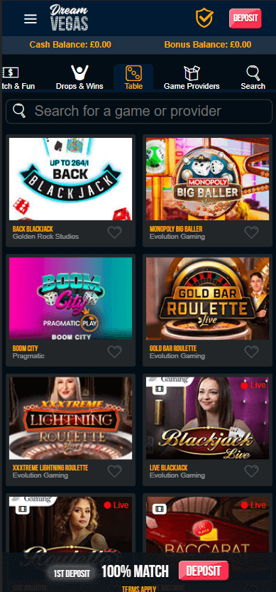 Dream-Vegas-Casino-mobile-preview-table games