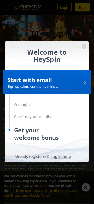 HeySpin Casino Registration Process Image 1