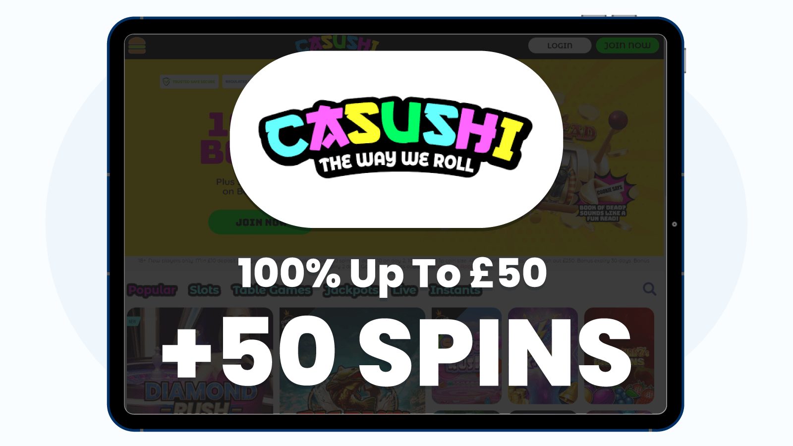 100% Bonus Up To £50 + 50 Free Spins On Book Of Dead At Casushi Casino