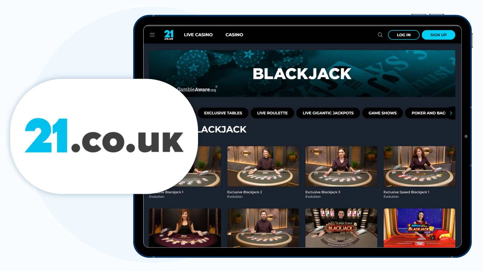 100% up to £50 and £6 Live Chips at 21.co.uk – Best Live Blackjack Bonus from Evolution
