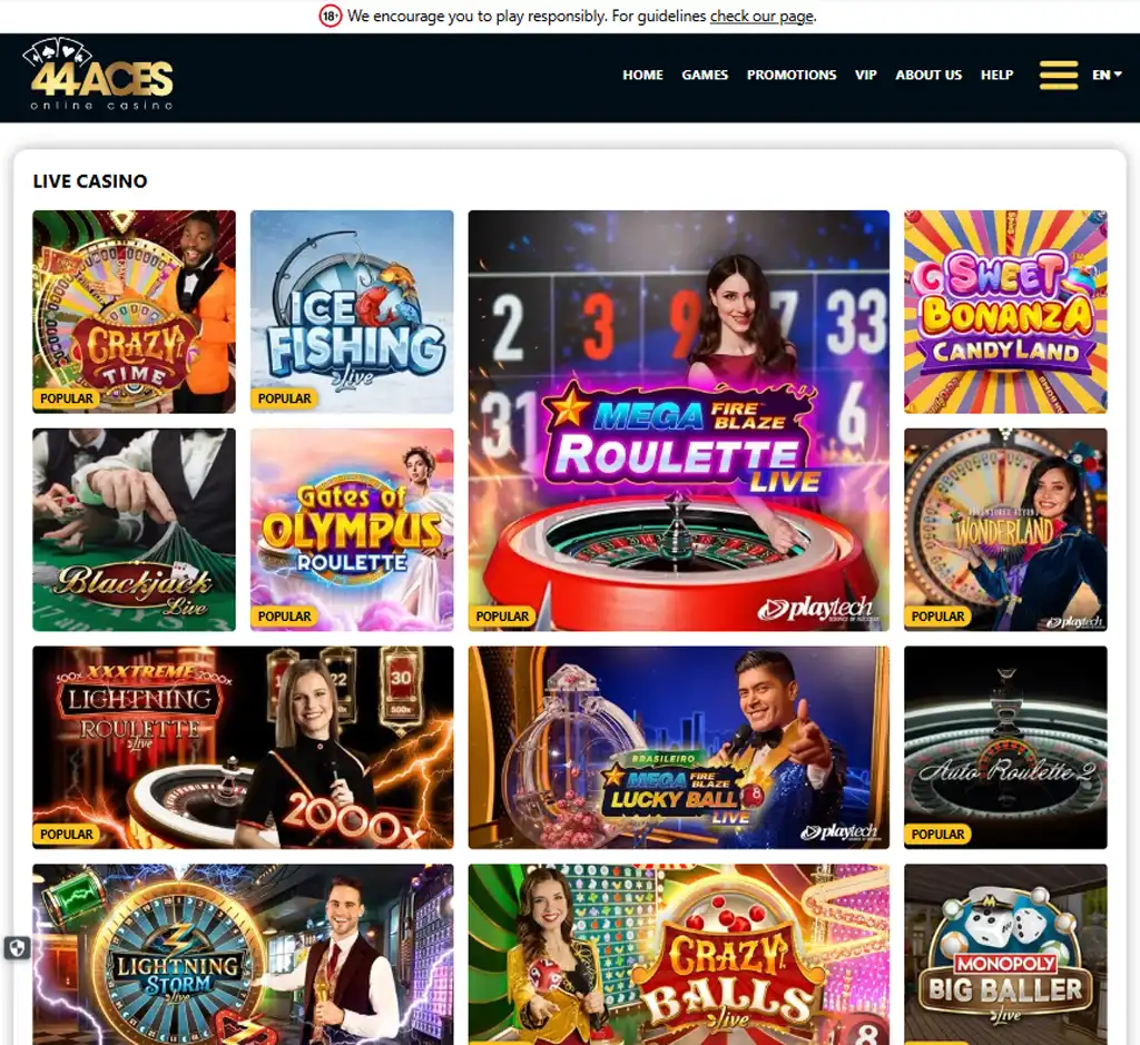 44 Aces Casino desktop live casino lobby screenshot featuring live dealer games and real-time streaming interface - tested