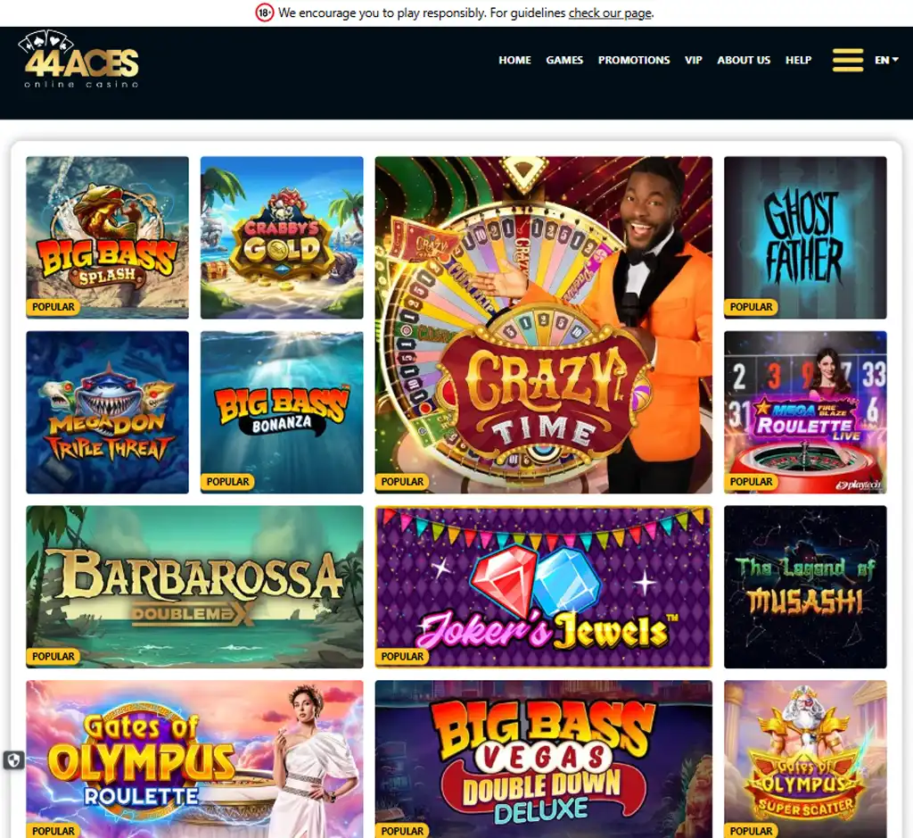 44 Aces Casino desktop slots lobby screenshot presenting variety of slot games with categories and providers - tested