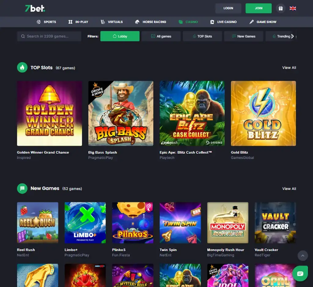 7 Bet Casino desktop homepage screenshot displaying main lobby with featured games, promotions and navigation menu - tested 7 Bet Casino desktop homepage screenshot displaying main lobby with featured games, promotions and navigation menu - tested