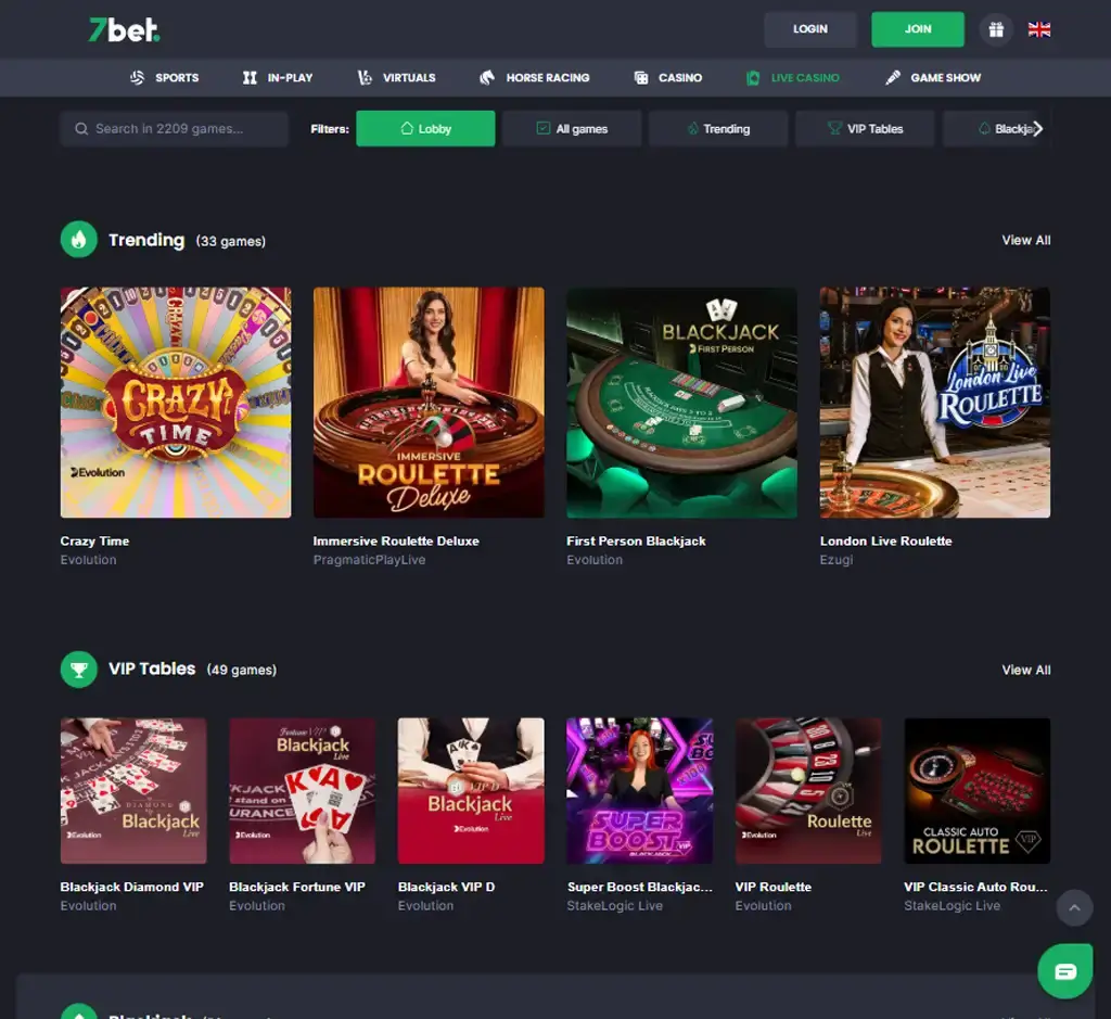 7 Bet Casino desktop live casino lobby screenshot featuring live dealer games and real-time streaming interface - review testing 7 Bet Casino desktop live casino lobby screenshot featuring live dealer games and real-time streaming interface - review testing