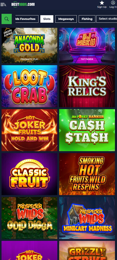 Bestodds Casino mobile slots screenshot showing a variety of slot games and themes – tested