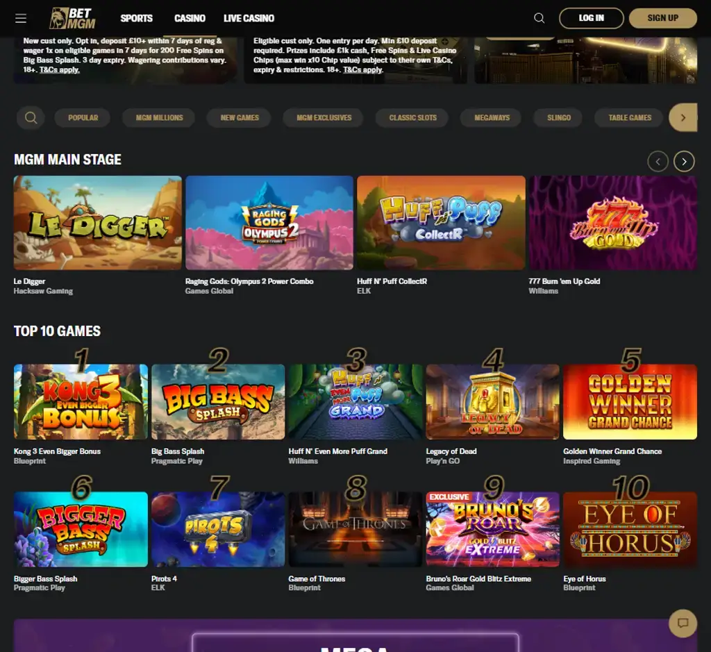BetMGM Casino desktop homepage screenshot displaying main lobby with featured games, promotions and navigation menu - tested