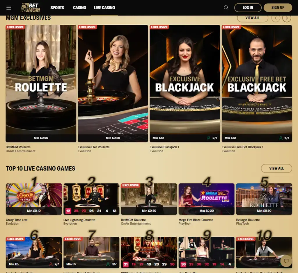 BetMGM Casino desktop live casino lobby screenshot featuring live dealer games and real-time streaming interface - review testing