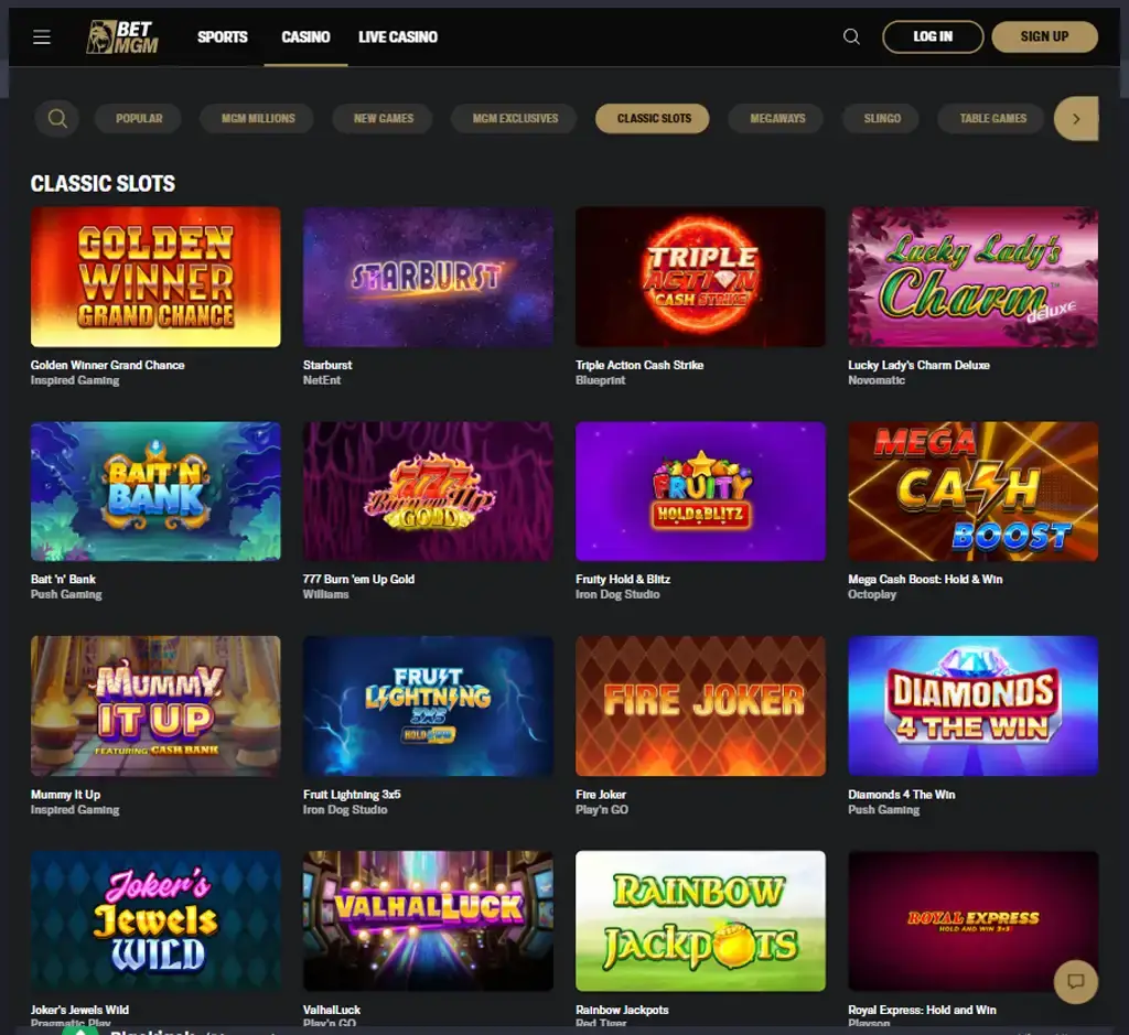 BetMGM Casino desktop slots lobby screenshot presenting variety of slot games with categories and providers - verified