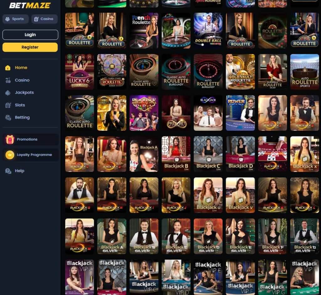 Betmaze Casino desktop live casino screenshot showing live dealer games including blackjack, roulette and baccarat – tested