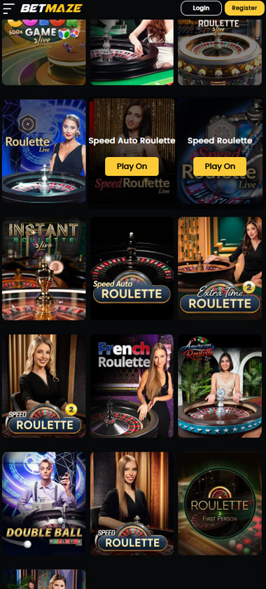 Betmaze Casino mobile live casino screenshot showing live dealer games including blackjack, roulette and baccarat – tested