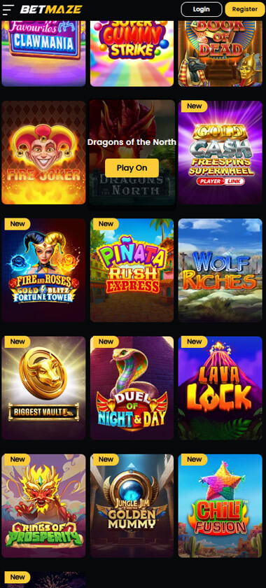 Betmaze Casino mobile slots interface screenshot showing available slot games and navigation – tested