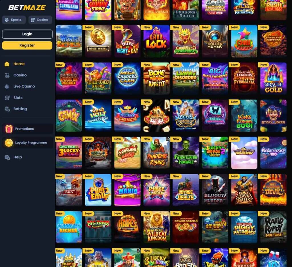 Betmaze Casino desktop interface screenshot showing variety of slot games and categories – tested