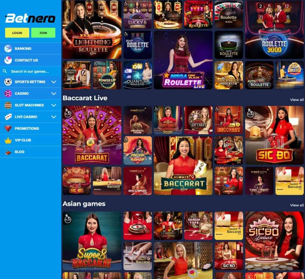 Betnero Casino desktop live casino screenshot showing live dealer games including blackjack, roulette and baccarat – tested