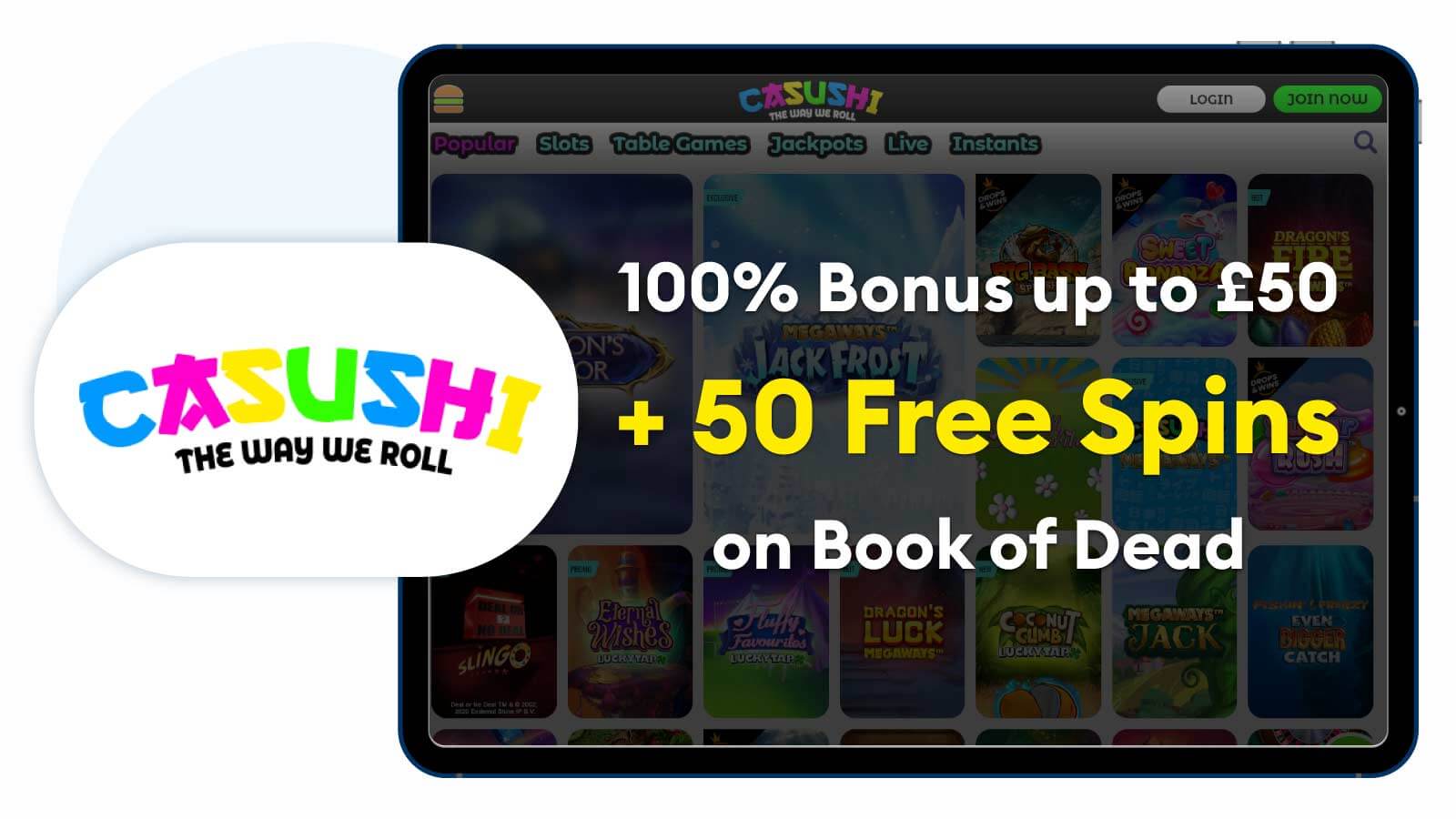 Casushi Casino 100% Bonus Up to £50 + 50 Free Spins on Book of Dead
