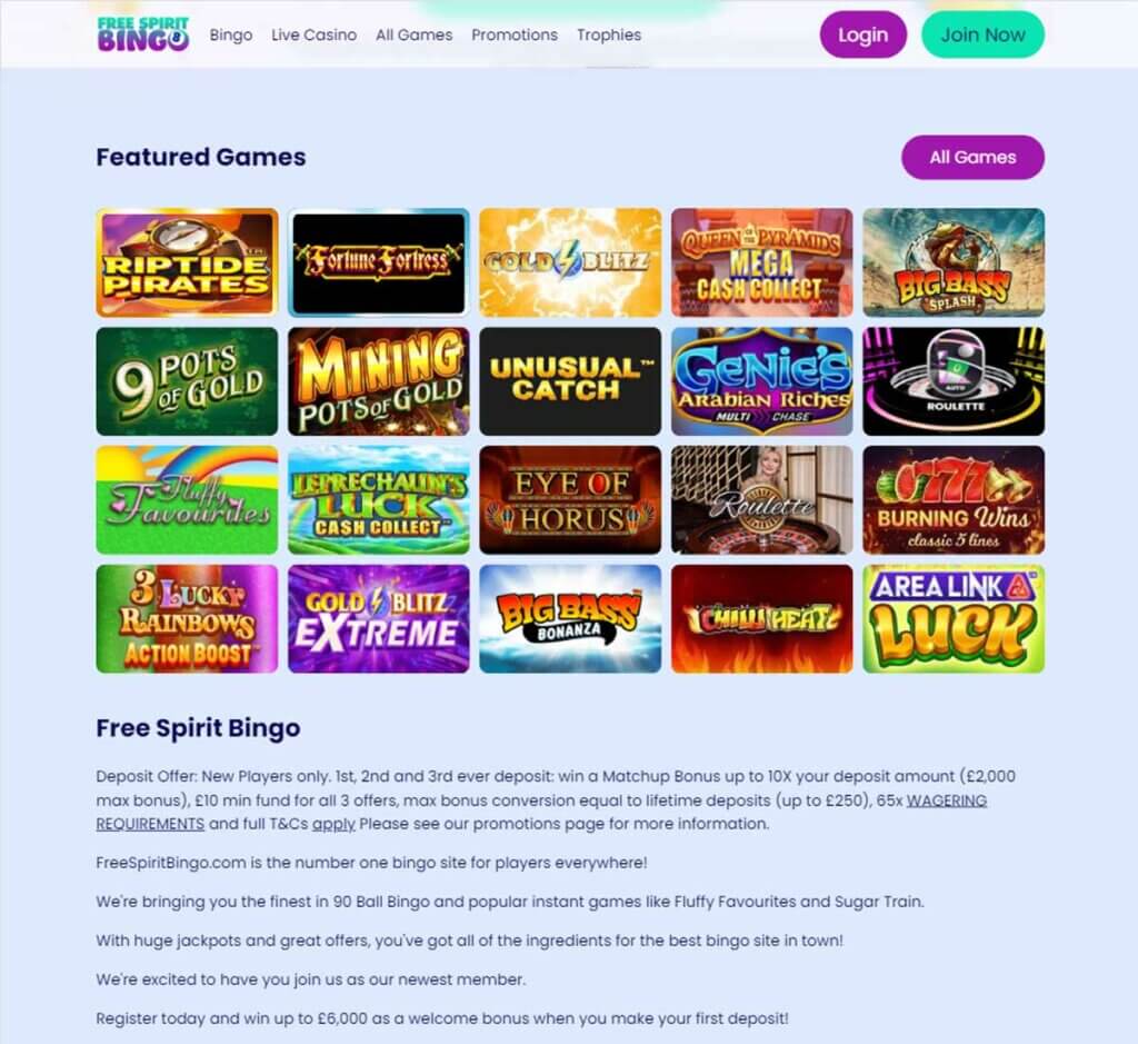 Free Spirit Bingo home page review