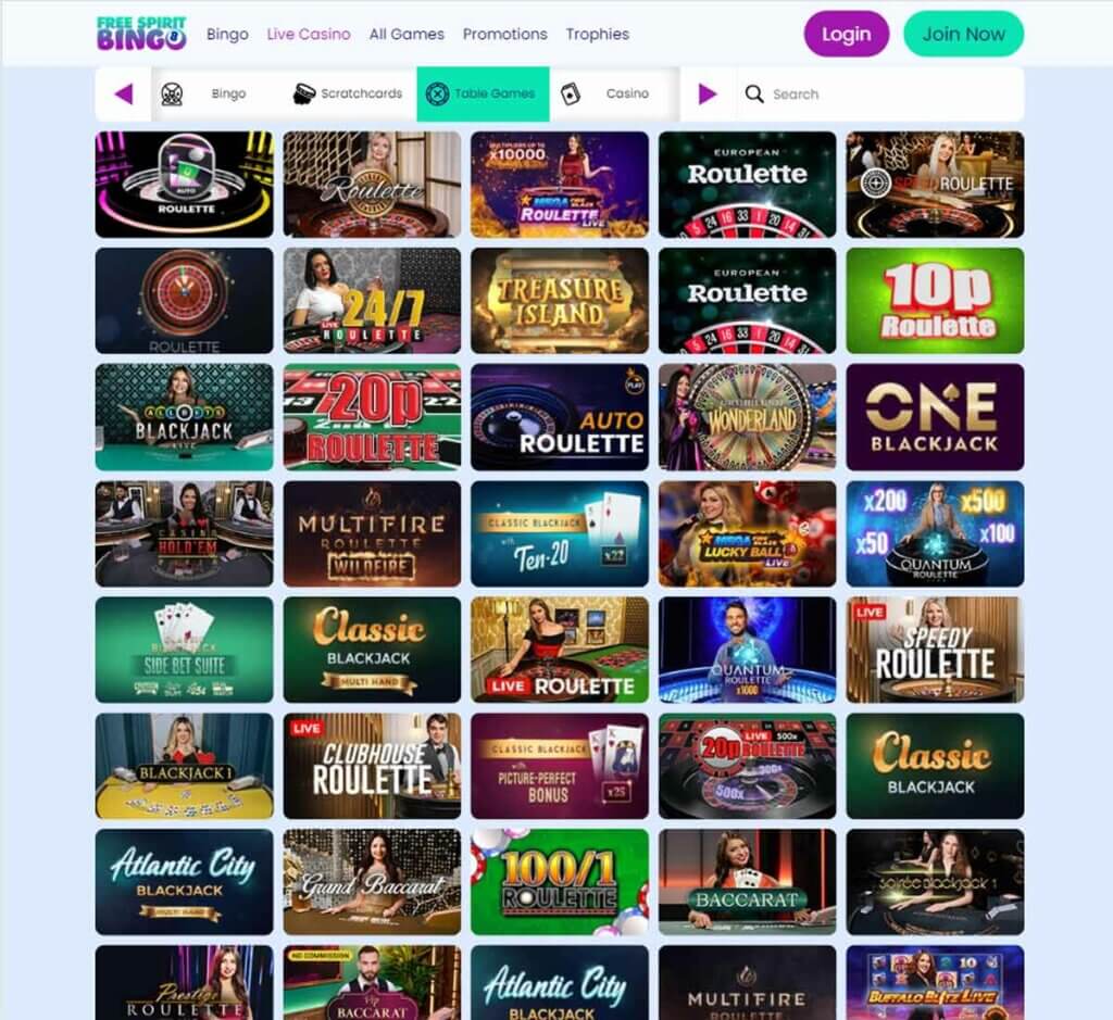 Free Spirit Bingo live dealer games mobile review