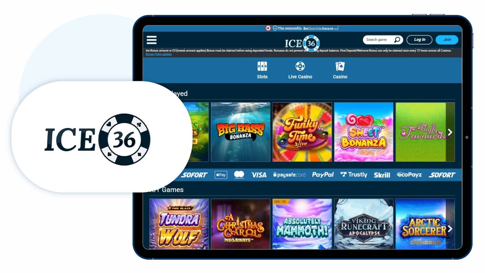 Ice 36 Casino - Best £20 deposit bonus UK for PayPal