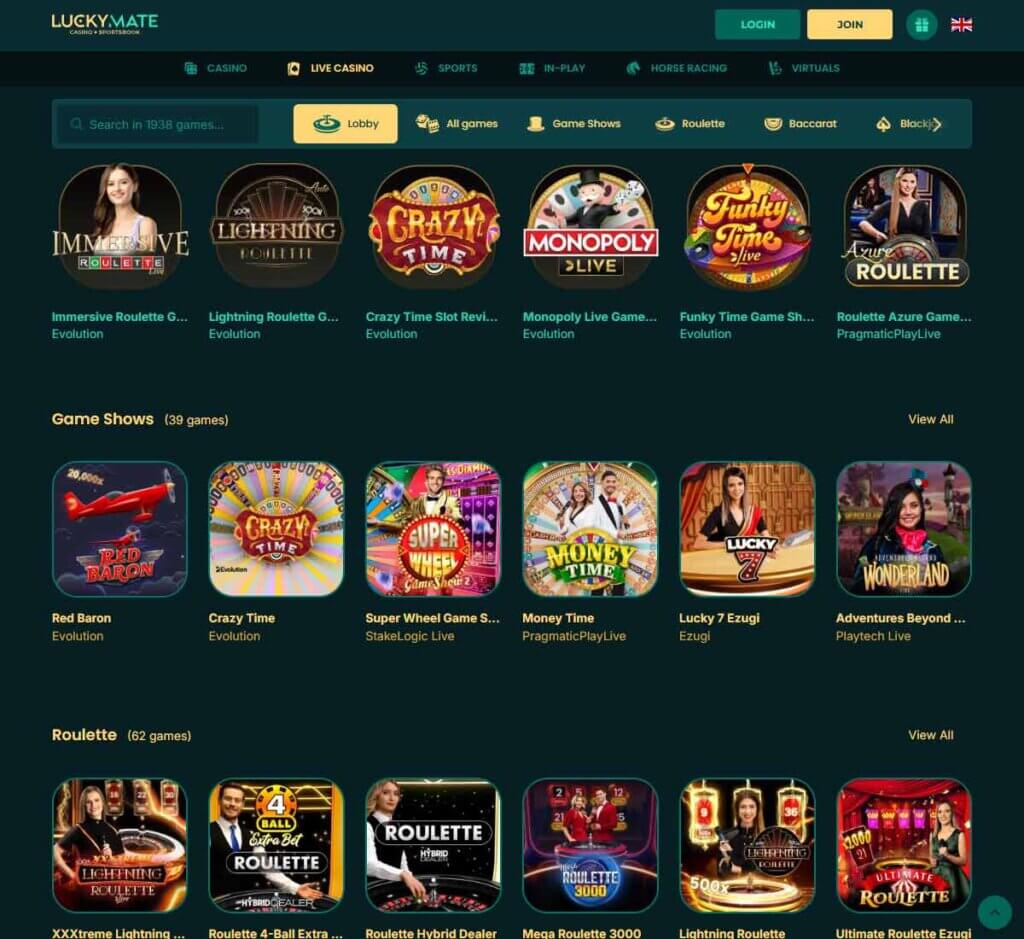 LuckyMate Casino desktop live casino screenshot showing roulette, blackjack, and game shows – tested