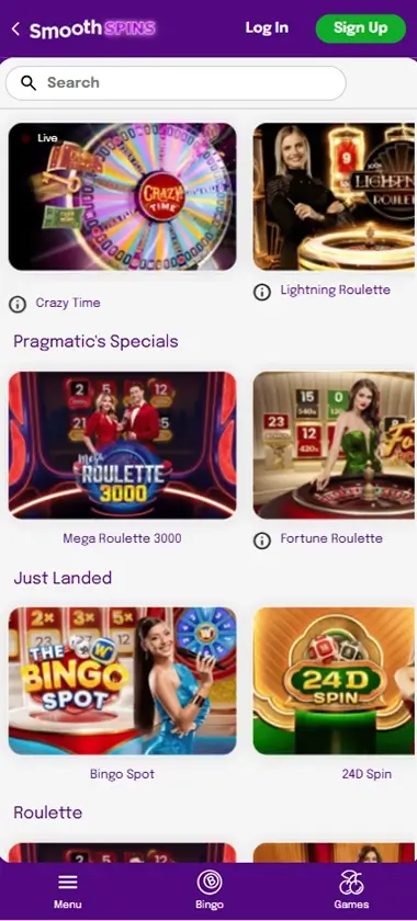 Smooth Spins Casino mobile live casino screenshot displaying live dealer tables and real-time streaming interface – tested