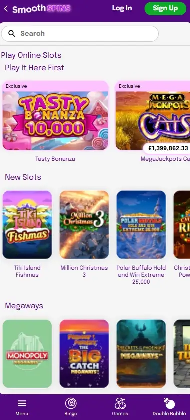 Smooth Spins Casino mobile slots screenshot showing slot game thumbnails, filters, and featured pokies – tested