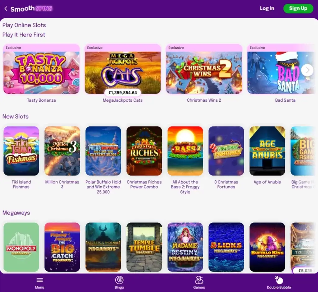 Smooth Spins Casino desktop slots screenshot showing slots lobby with multiple game providers and categories – tested Smooth Spins Casino desktop slots screenshot showing slots lobby with multiple game providers and categories – tested