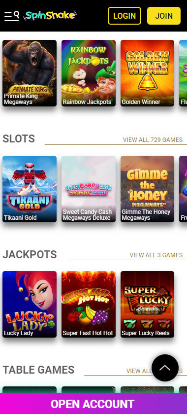 SpinShake Casino Mobile Preview 2