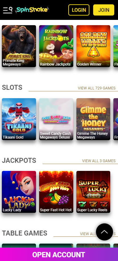 SpinShake Casino Mobile Preview 1