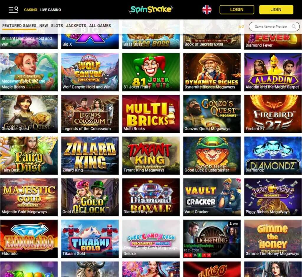 SpinShake Casino home page review