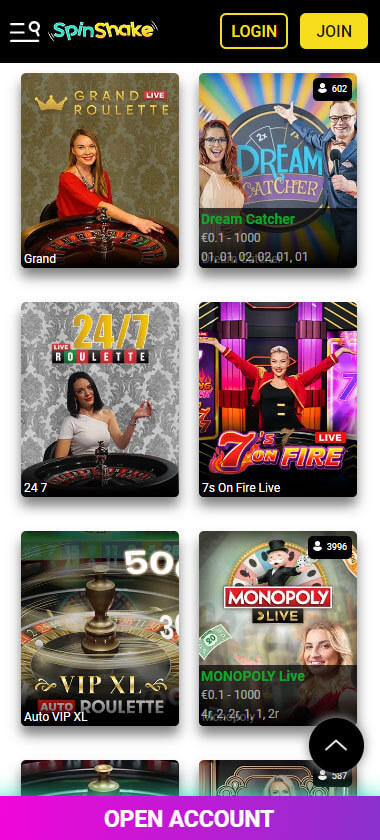 SpinShake Casino live dealer games mobile review