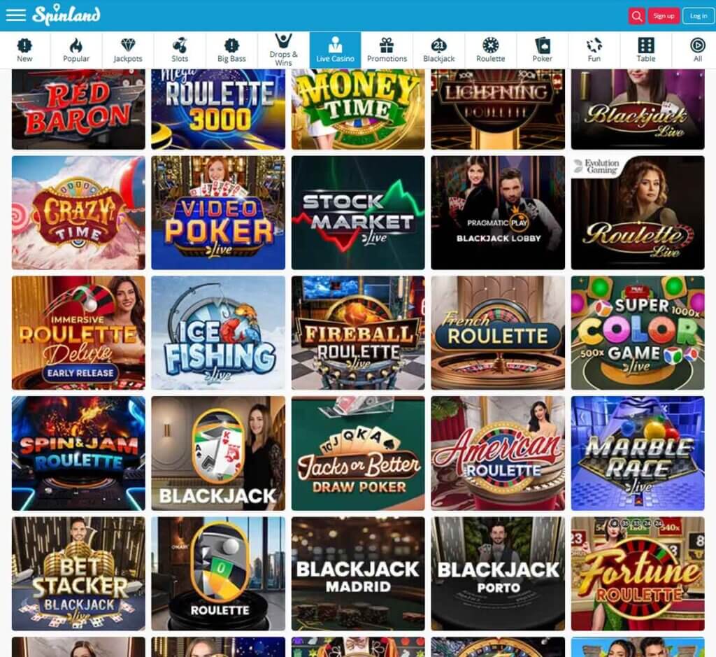 Spinland Casino desktop live casino screenshot with multiple tables – tested