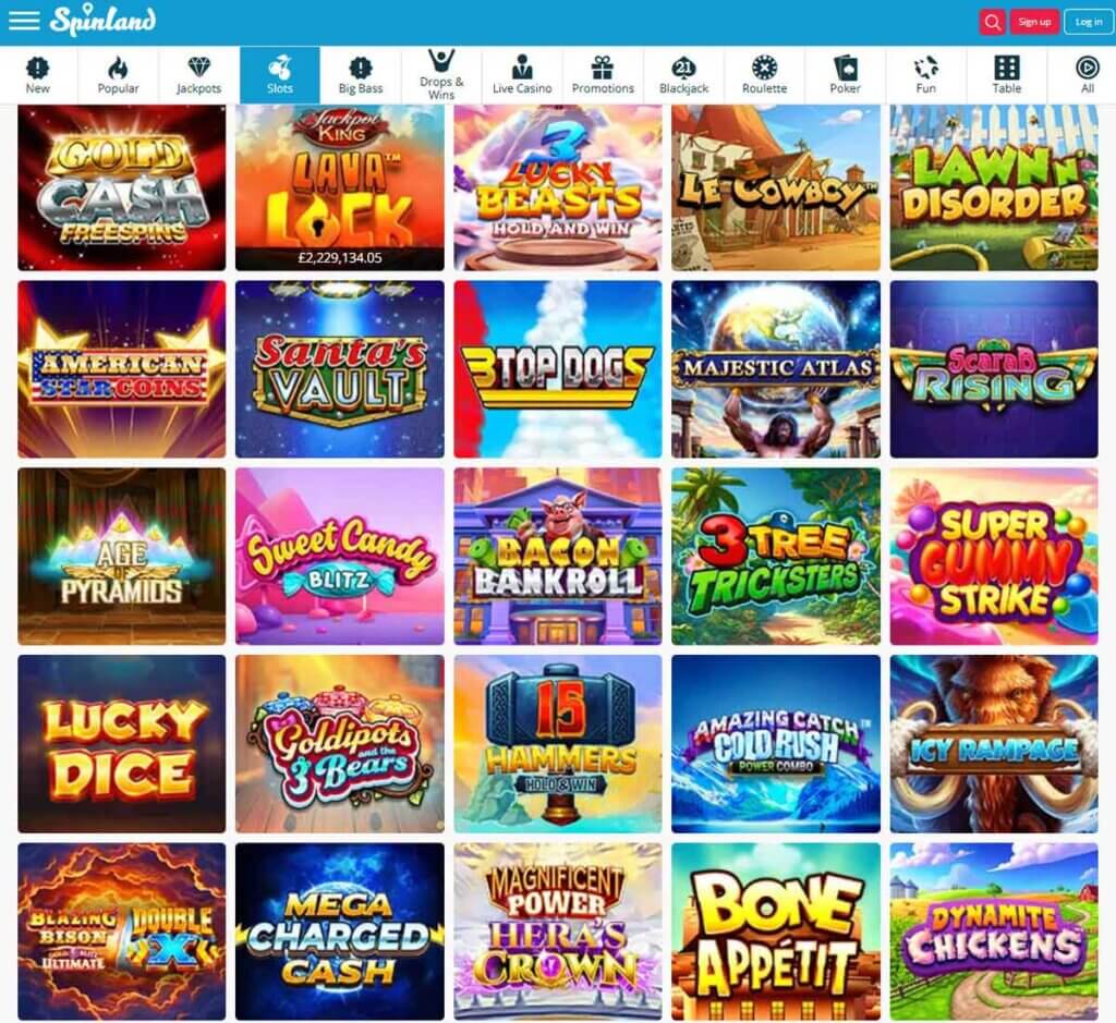 Spinland Casino desktop slot selection screenshot – tested