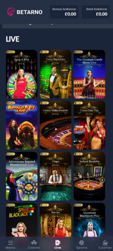 Betarno Casino Mobile Preview 2