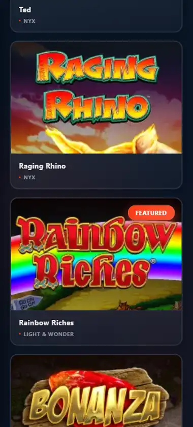 Betsuna Casino mobile slots interface screenshot showing slot game selection with popular titles and filtering options - captured during platform testing