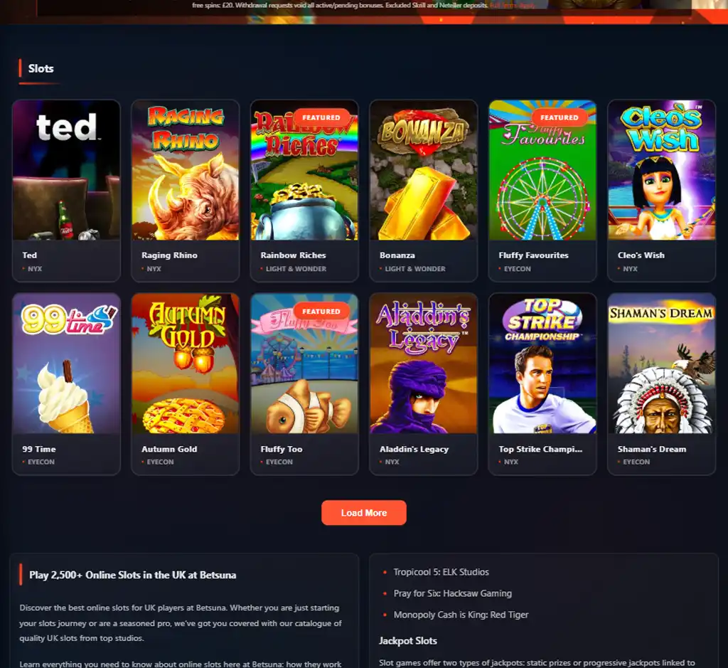 Betsuna Casino desktop slots lobby screenshot presenting variety of slot games with categories and providers - tested