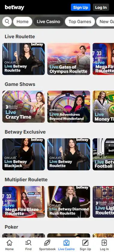 Betway Casino mobile live casino interface screenshot showing live dealer tables including blackjack and roulette - tested