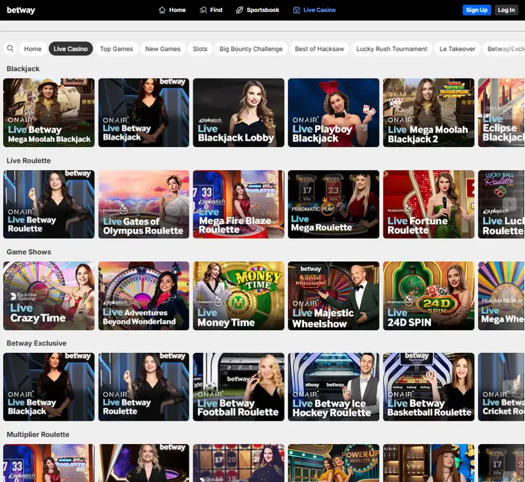 Betway Casino desktop live casino lobby screenshot featuring live dealer games and real-time streaming interface - review testing