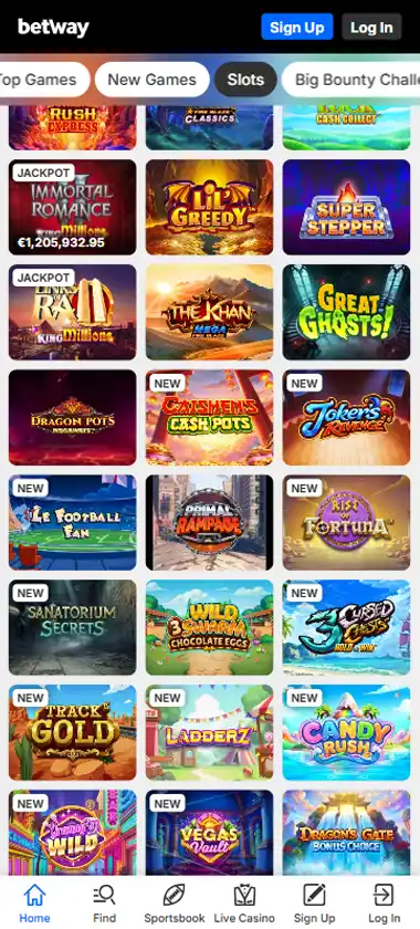 Betway Casino mobile slots interface screenshot showing slot game selection with popular titles and filtering options - captured during platform testing