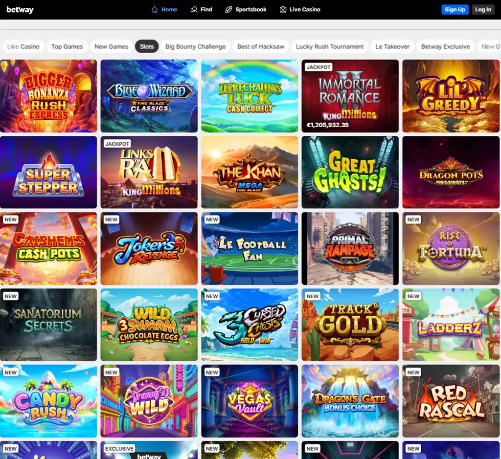 Betway Casino desktop slots lobby screenshot presenting variety of slot games with categories and providers - verified