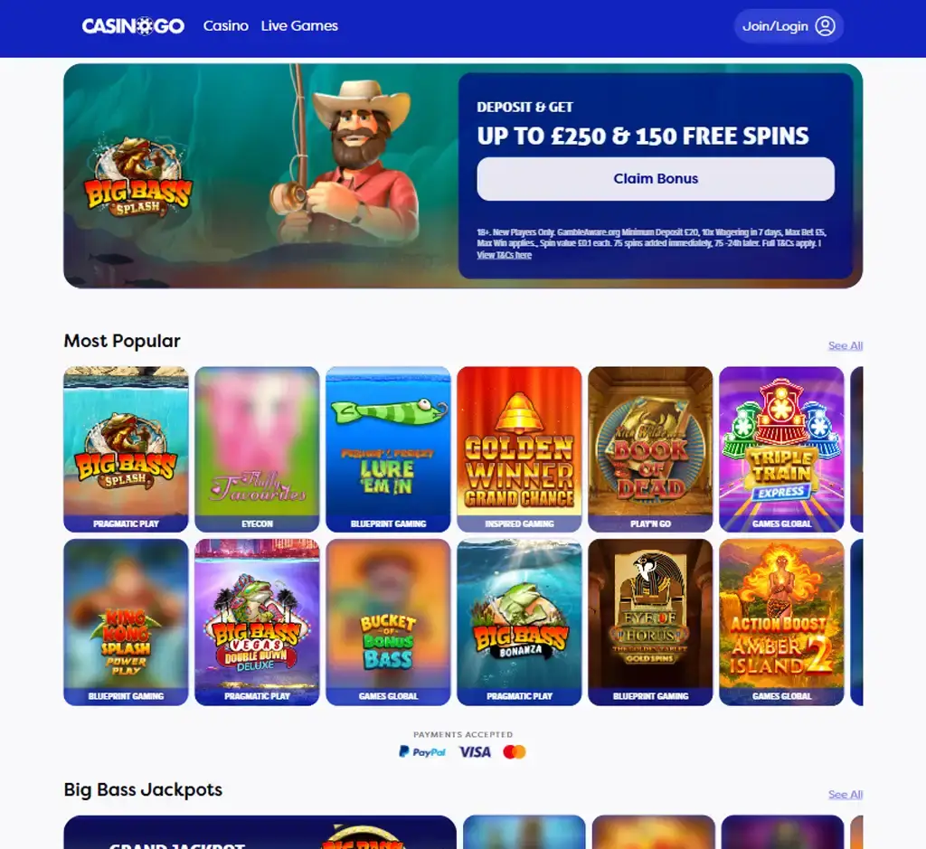Casino Go desktop homepage screenshot displaying main casino lobby with featured games, promotions and navigation menu - tested Casino Go desktop homepage screenshot displaying main casino lobby with featured games, promotions and navigation menu - tested