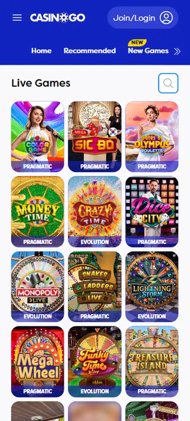 Casino Go mobile live casino interface showing live dealer tables including blackjack and roulette - captured during platform testing Casino Go mobile live casino interface showing live dealer tables including blackjack and roulette - captured during platform testing