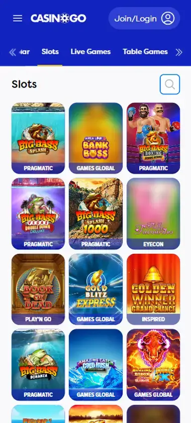 Casino Go mobile slots interface showing slot game selection with popular titles and filtering options - captured during platform testing Casino Go mobile slots interface showing slot game selection with popular titles and filtering options - captured during platform testing