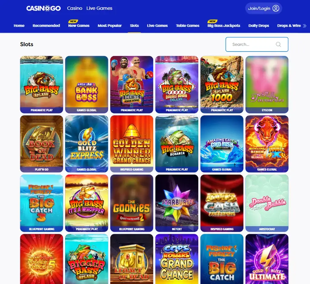 Casino Go desktop slots lobby presenting a variety of slot games with categories and providers - tested Casino Go desktop slots lobby presenting a variety of slot games with categories and providers - tested
