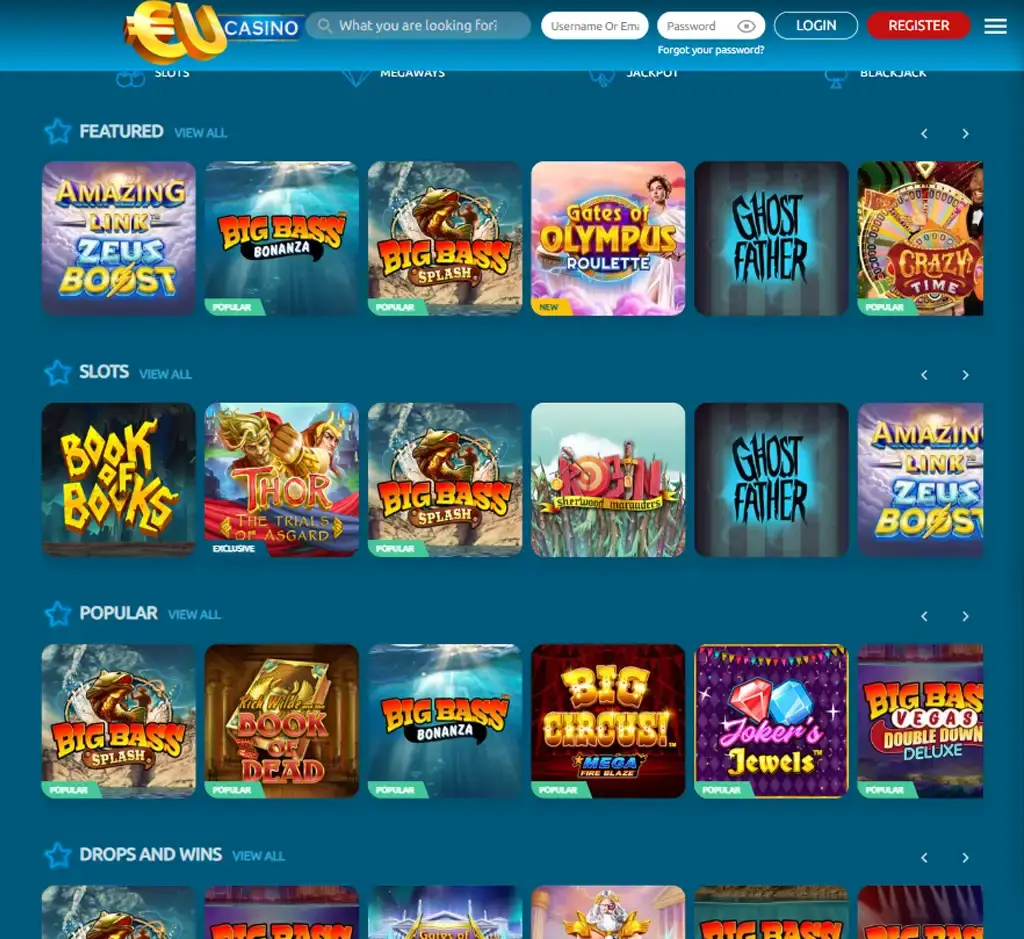 EU Casino desktop homepage screenshot displaying main lobby with featured games, promotions and navigation menu - tested