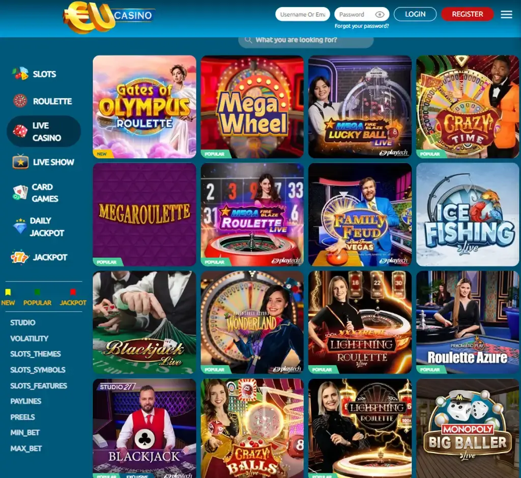 EU Casino desktop live casino lobby screenshot featuring live dealer games and real-time streaming interface - review testing