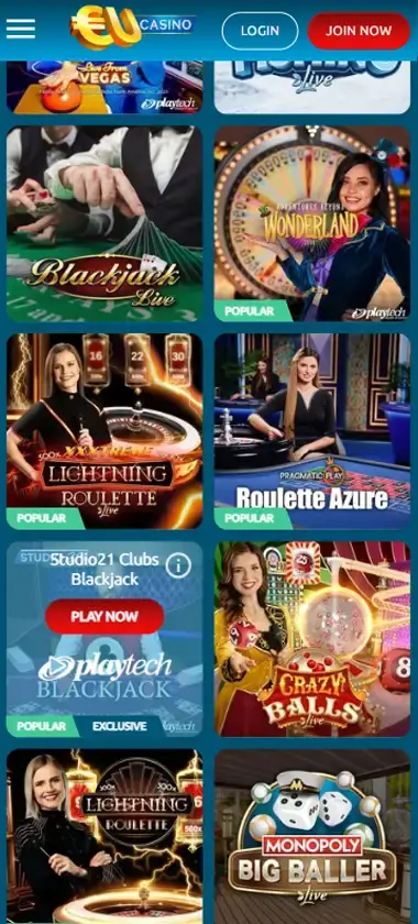 EU Casino mobile live casino interface screenshot showing live dealer tables including blackjack and roulette - tested
