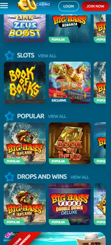 EU Casino mobile homepage screenshot showing main lobby with featured games and promotions - captured during platform testing
