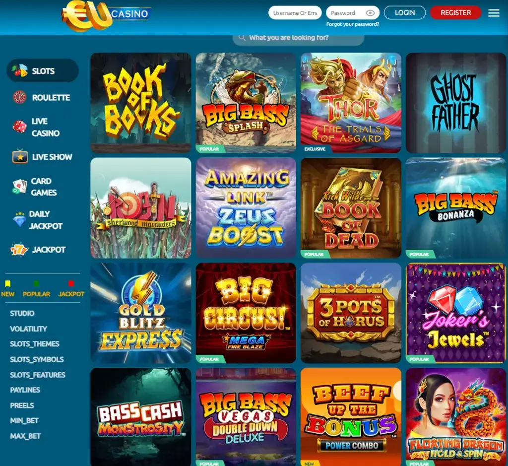 EU Casino desktop slots lobby screenshot presenting variety of slot games with categories and providers - verified