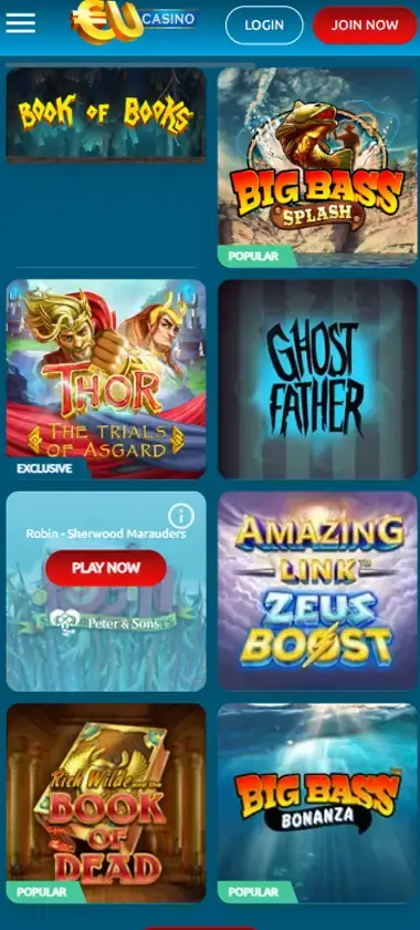 EU Casino mobile slots interface screenshot showing slot game selection with popular titles and filtering options - captured during platform testing