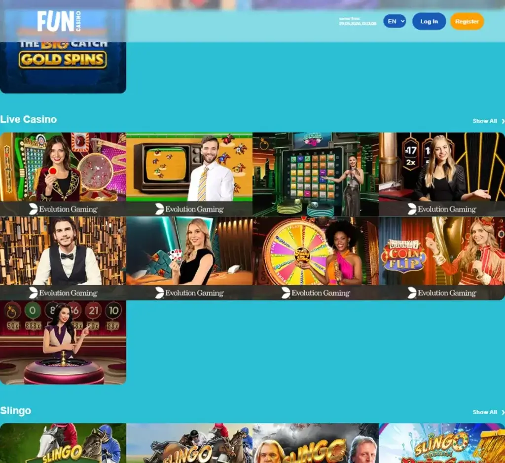 Fun Casino desktop live casino lobby screenshot featuring live dealer games and real-time streaming interface - review testing