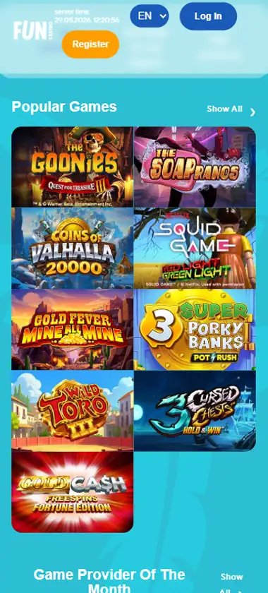 Fun Casino mobile slots interface screenshot showing slot game selection with popular titles and filtering options - captured during platform testing